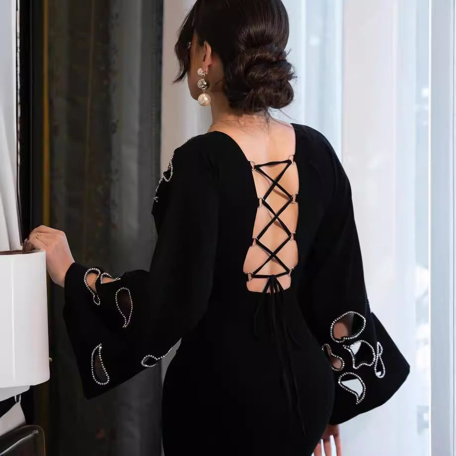 Autumn Solid Color Fashion Hollow Out Strap Design Temperament Dresses