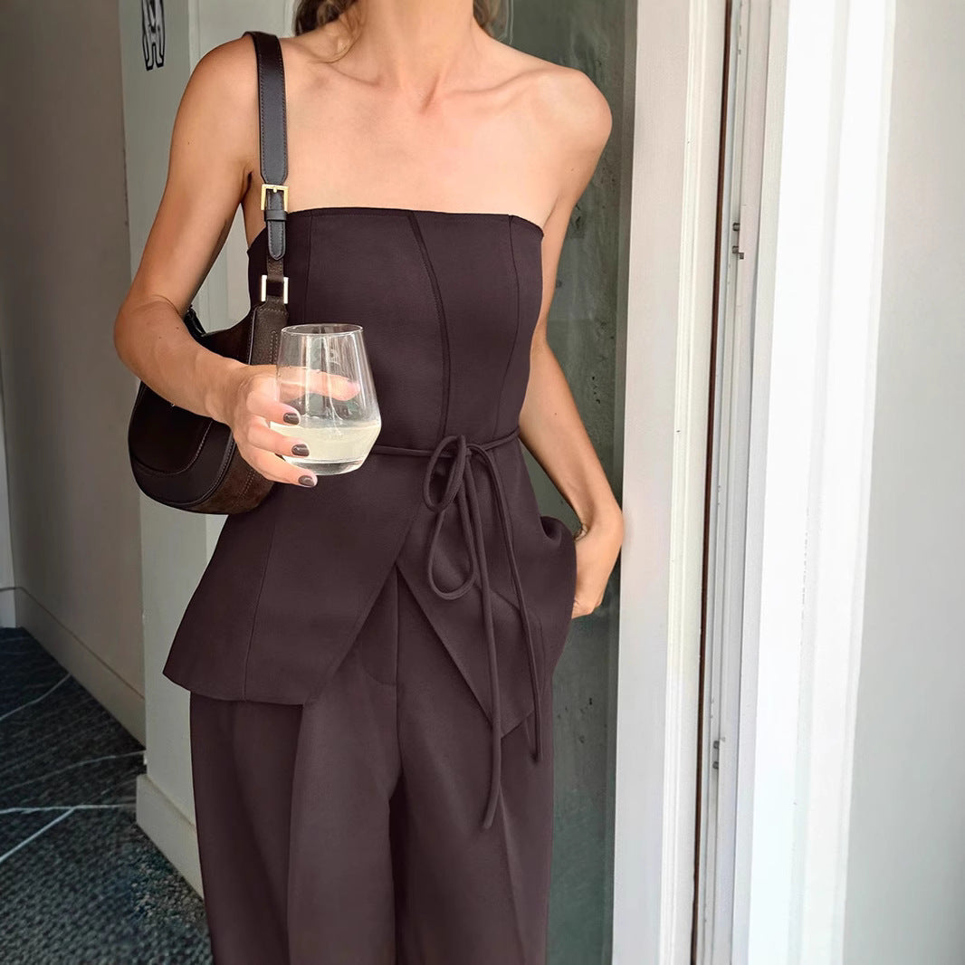 Women's Brown Tube Wide Leg Two-piece Summer Suits