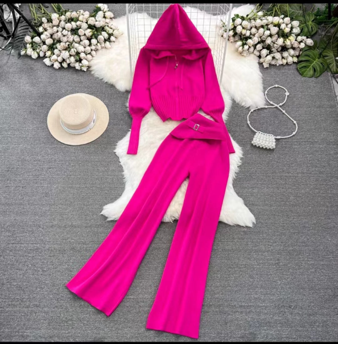 Women's Zipper Slim Fit Knitted Hooded Two-piece Set Suits