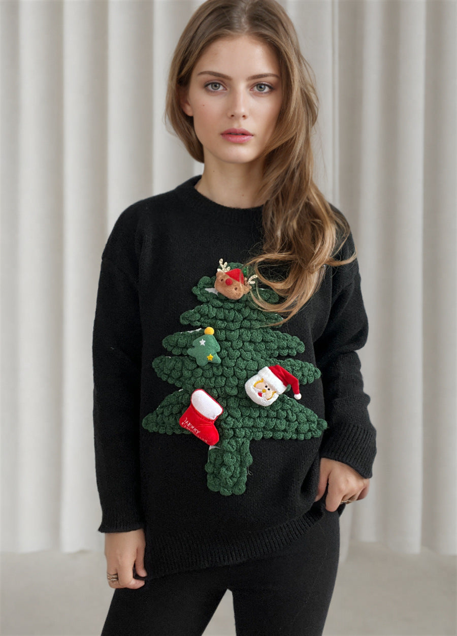 Women's Three-dimensional Flocking Christmas Tree Red Loose Sweaters