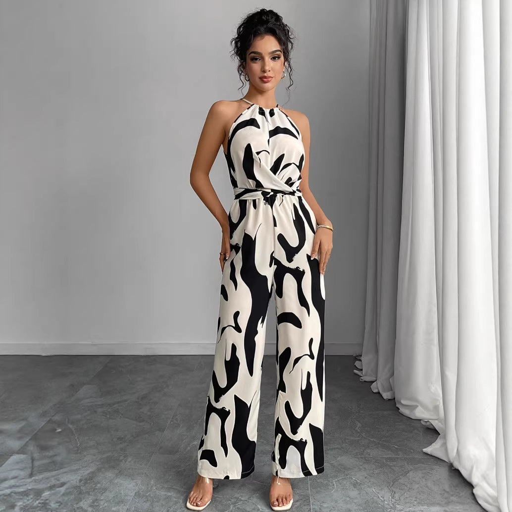 Women's Milk Pattern Halter Spaghetti Straps Backless Women's Jumpsuit/clothing