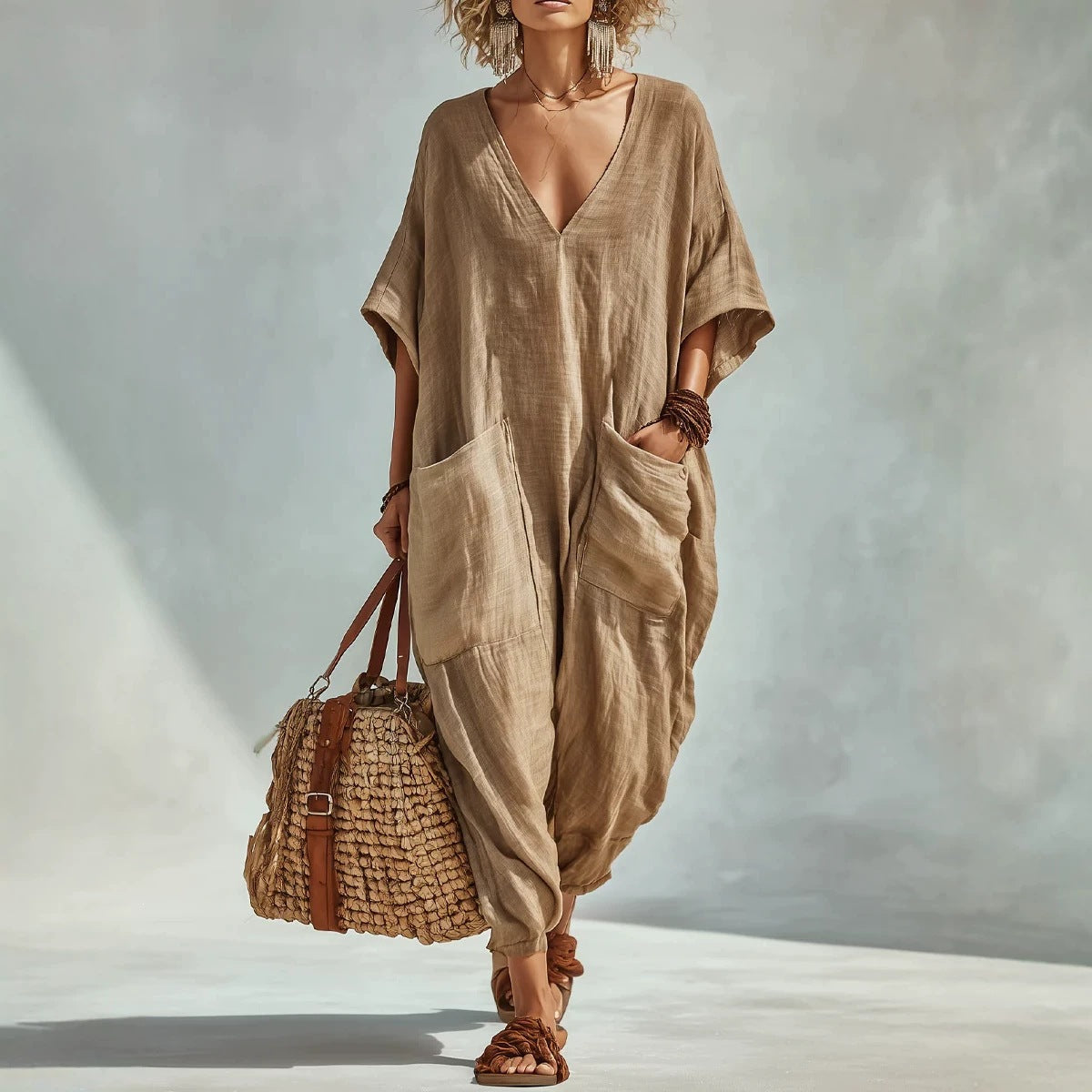 Women's Cotton Linen Loose Large Pocket Bloomers Beach Jumpsuits