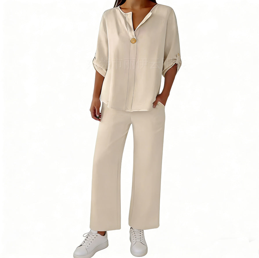 Women's Two-piece Simple Solid Color Sleeve Trousers Fashion Casual Suit