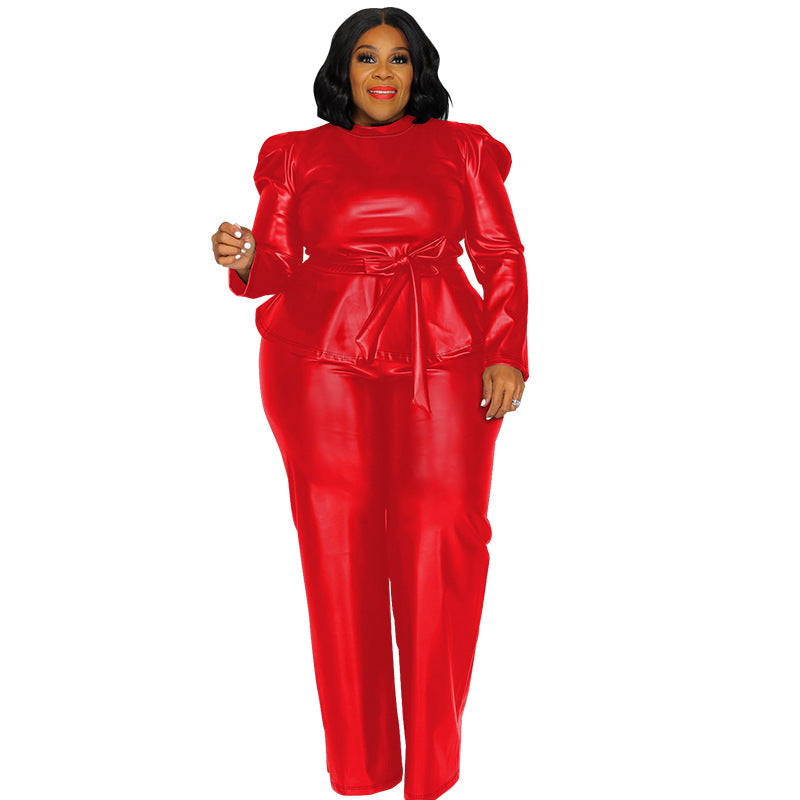 Women's Large Leather Stand Collar Belt Long-sleeved Suits