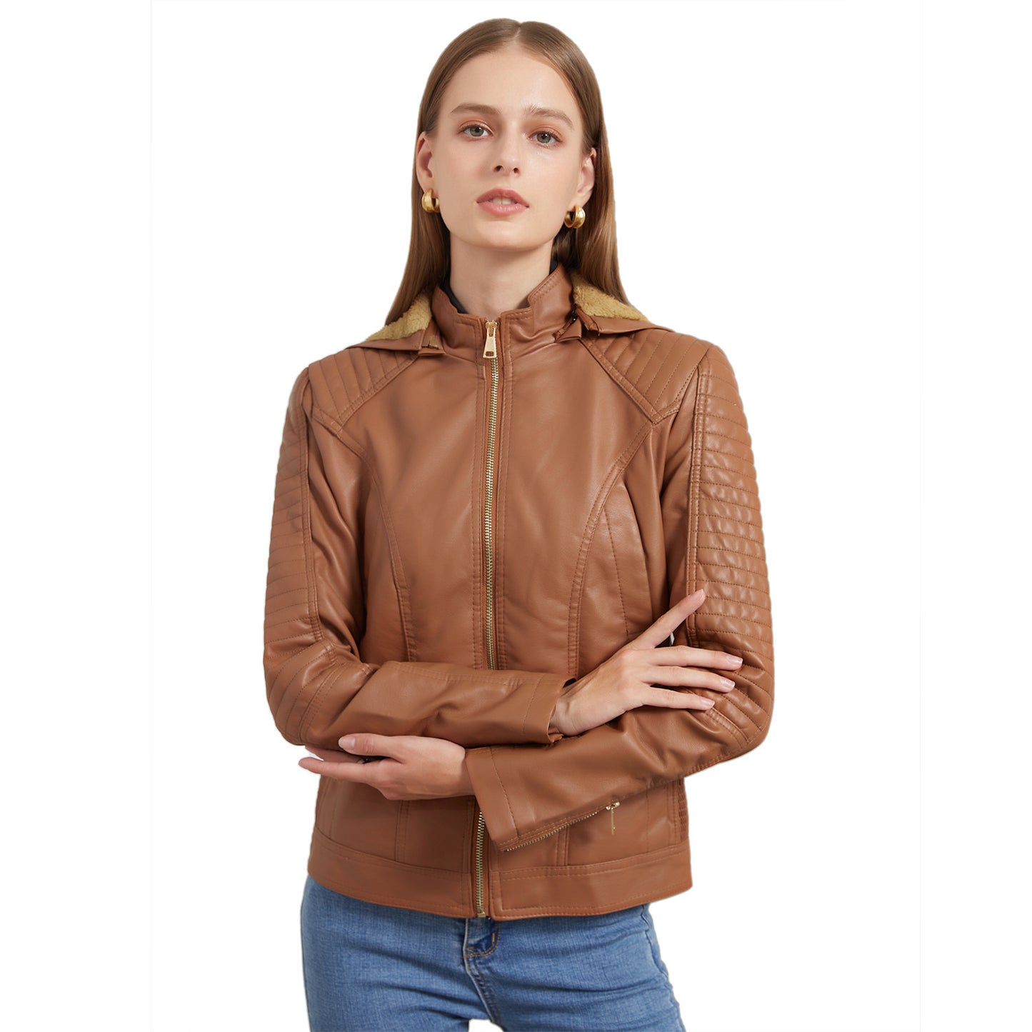 Women's Fleece-lined Leather Hooded Warm Leisure Plus Size