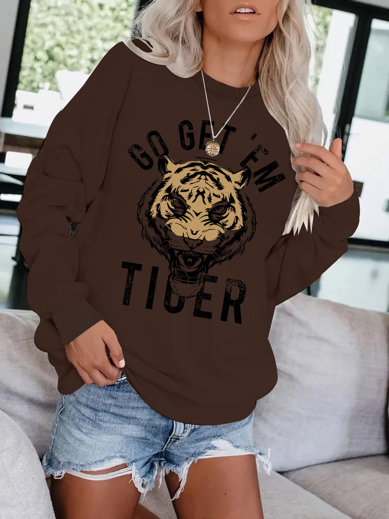 Women's Round Neck Tiger Head Portrait Printing Stylish Tops