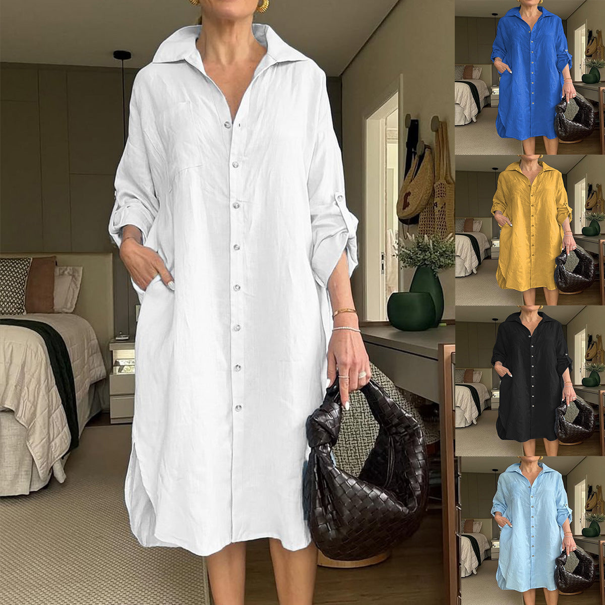 Women's Cotton Linen Shirtdress Fashion Casual Long Dress