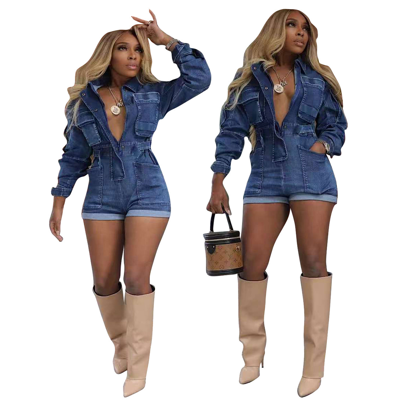 Women's Leisure Washed-out Denim Long-sleeved One-piece Jumpsuits