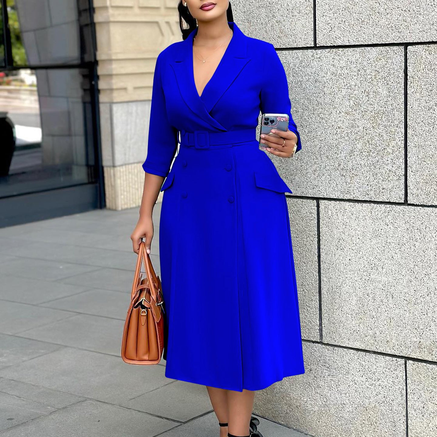 Women's Fashion Elegant Double-breasted Collar Solid Color Dress