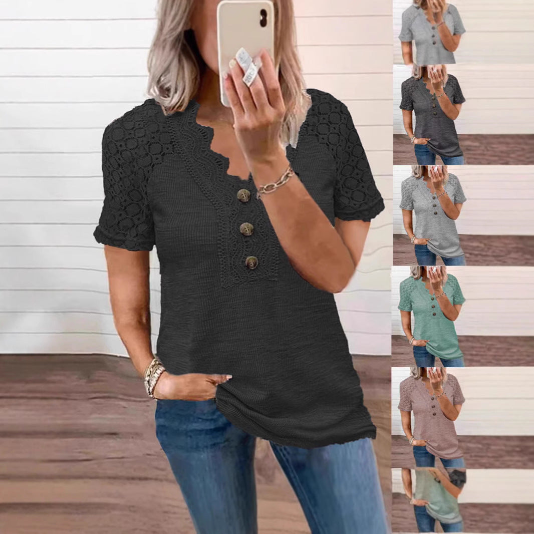 Classic Unique Women's Buttons Hollow Lace Women's T-shirt