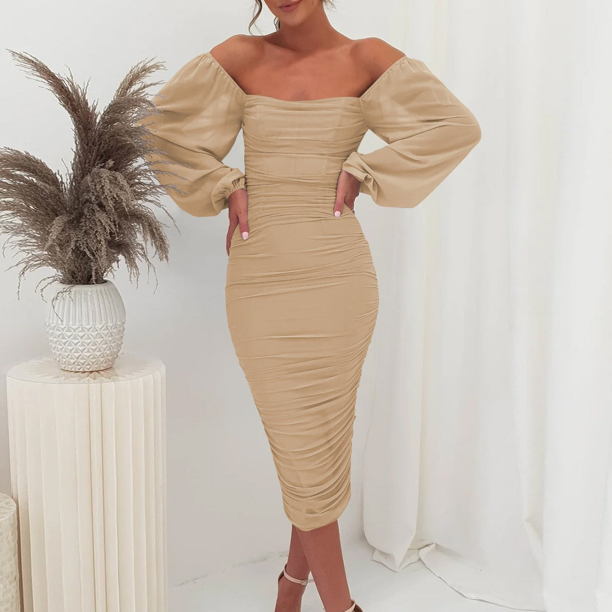 Stitching Ruffle Dress Square Collar Split Skirts