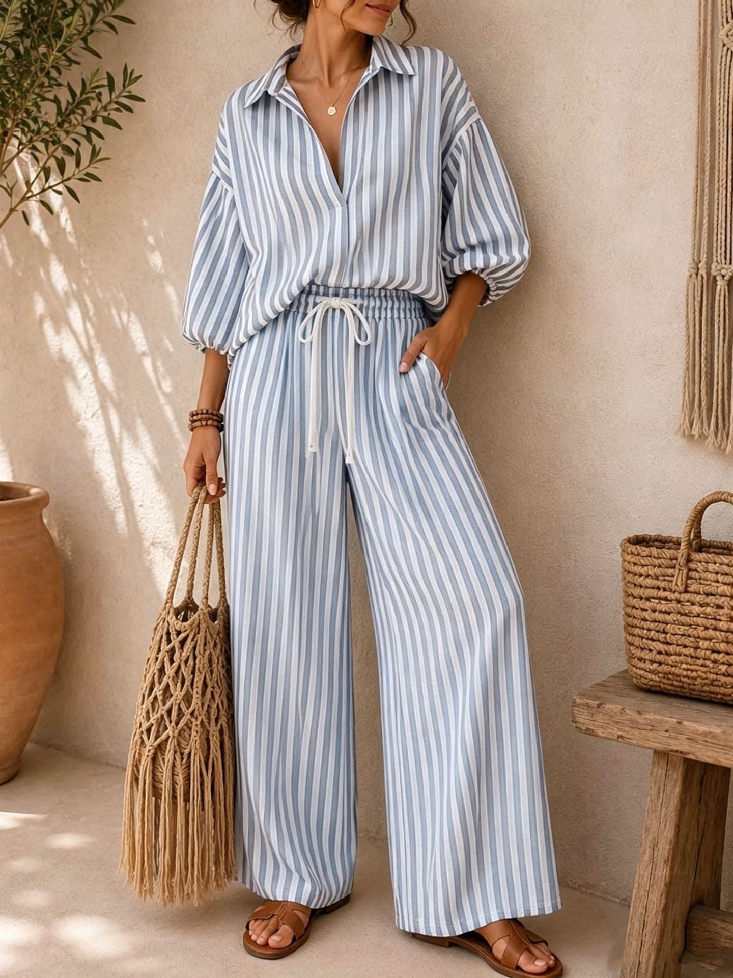 Women's Summer Striped Long-sleeved Loose Two-piece Fashion Casual Suit