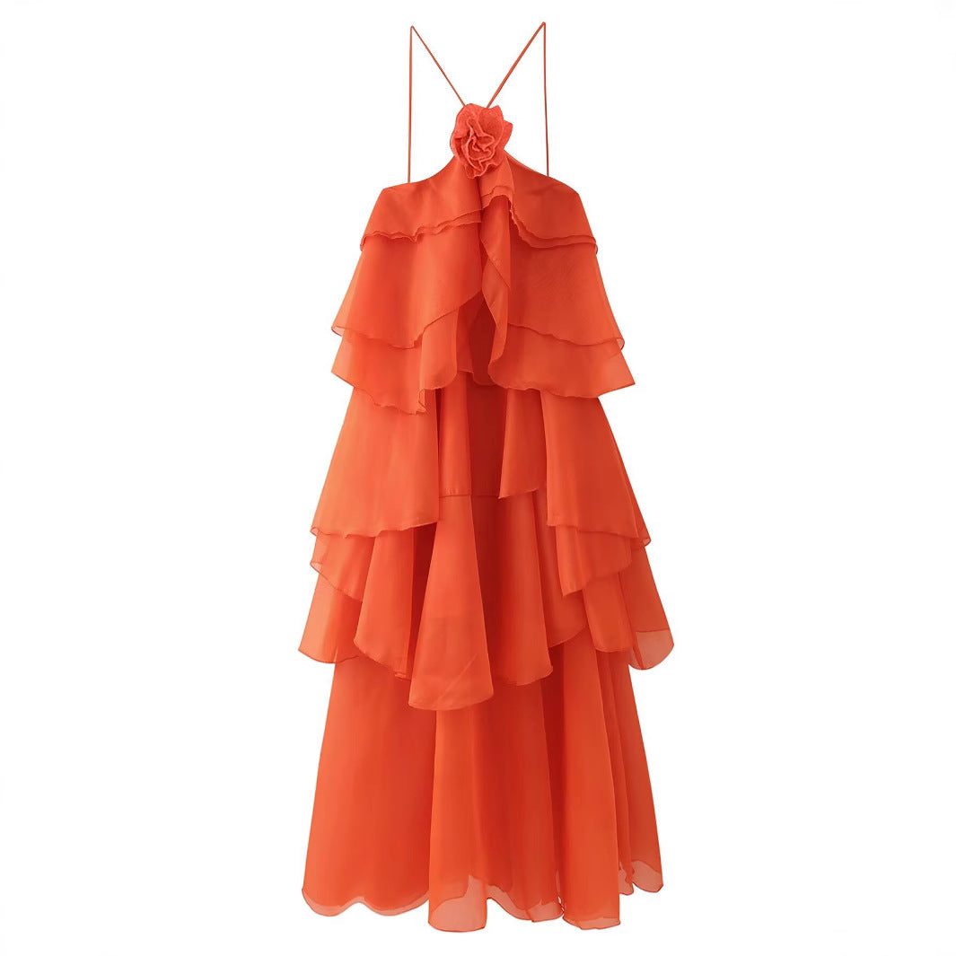 Laminated Ruffled Flower Halter Design Niche Dresses