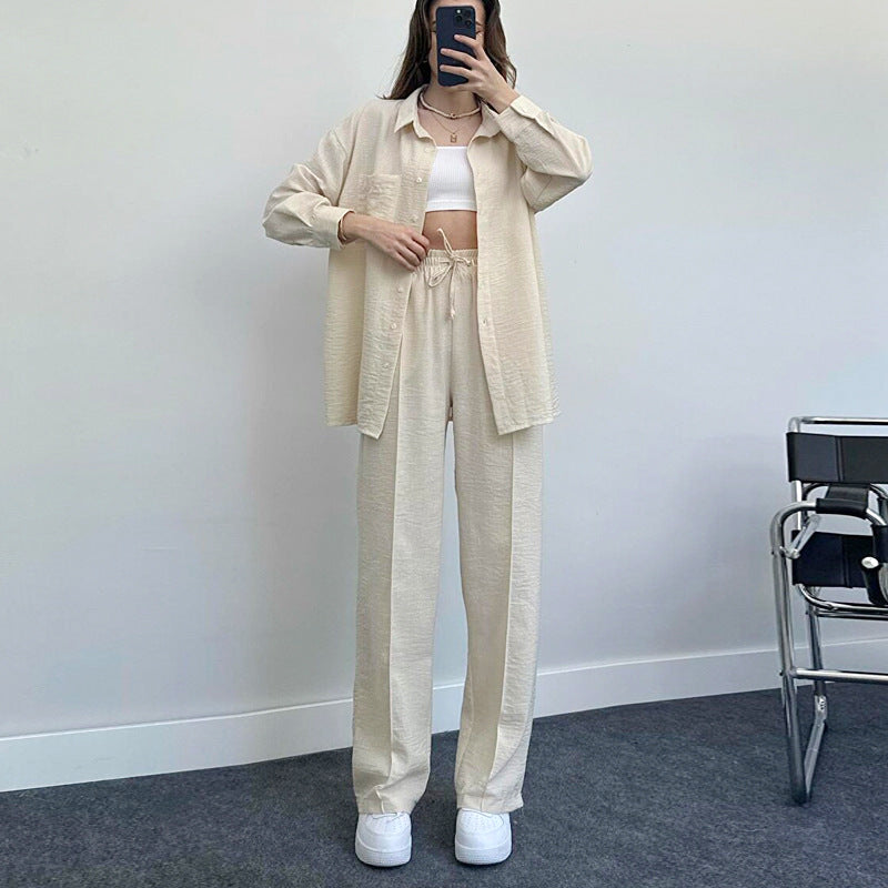 Women's Lady Loose Long-sleeved Shirt Trousers Two-piece Suits