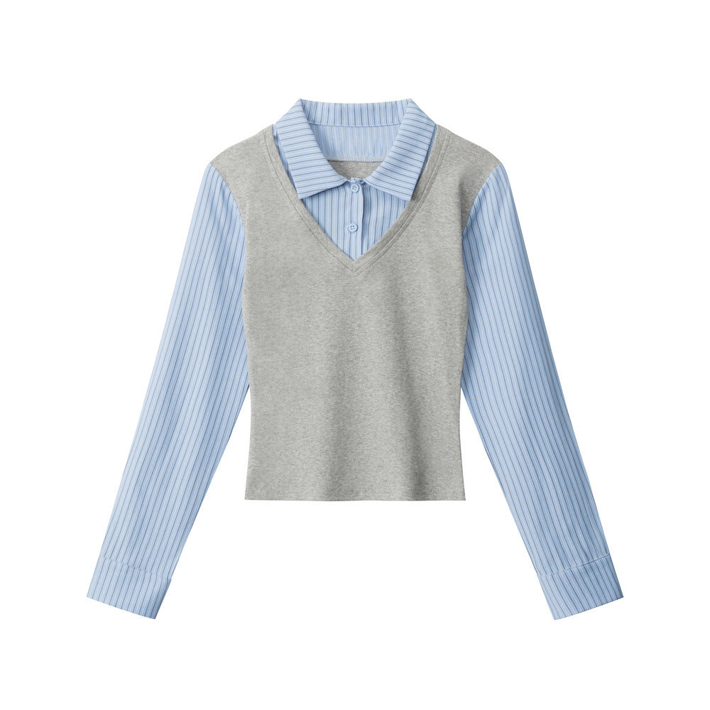 Women's Fake Two-piece Long-sleeved T-shirt American Autumn Slim Blouses