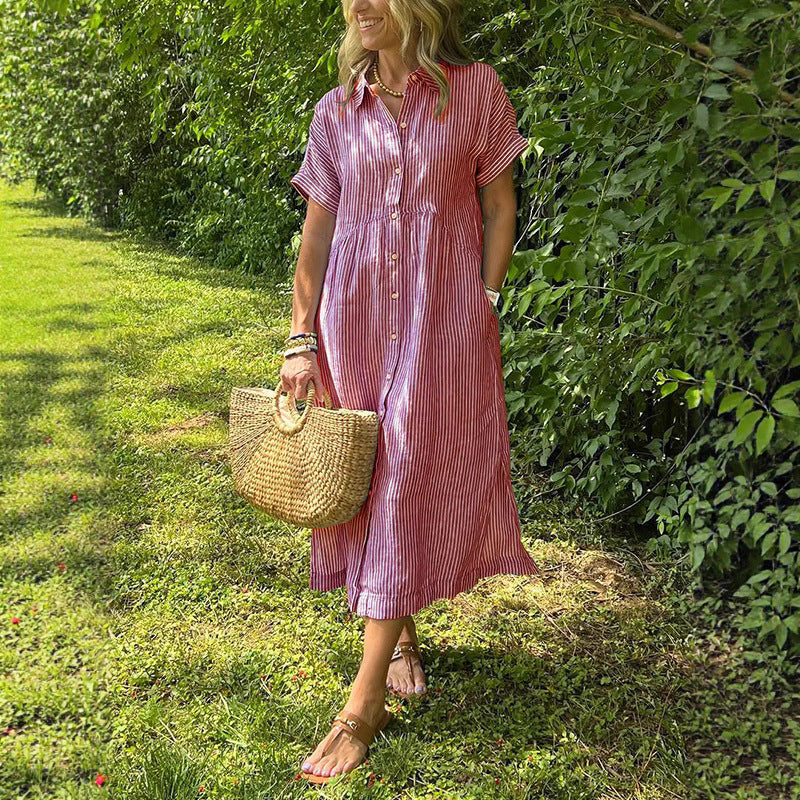 Women's Loose Striped Sleeve Shirt Summer Casual Cotton Shorts