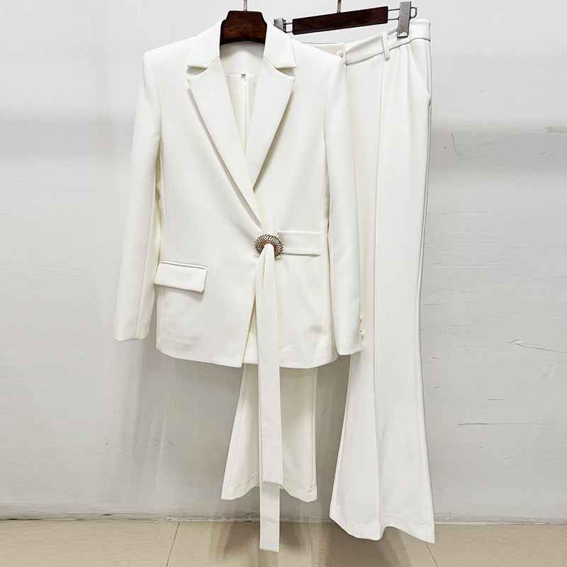 White Simple Series Belt Two-piece Set Fashion Casual Suit