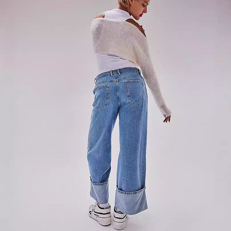 Women's American Style Retro Washed Figure Flattering Curling Loose Women's Jeans