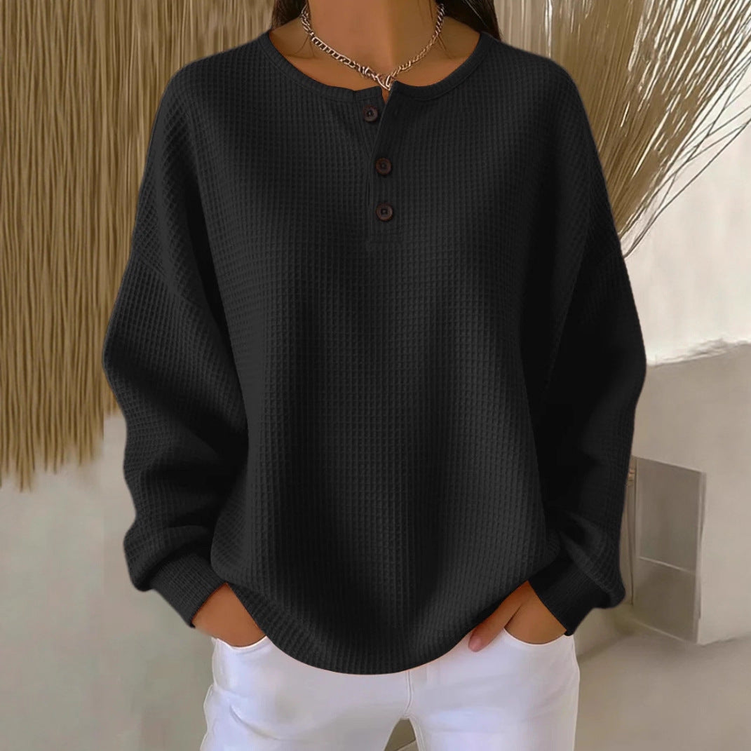 Round Neck Waffle Solid Color Pullover Women's Sweater, Sweater