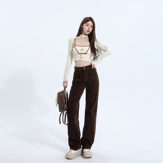 Women's Grass Green Corduroy Vintage High Waist Trousers Casual Pants