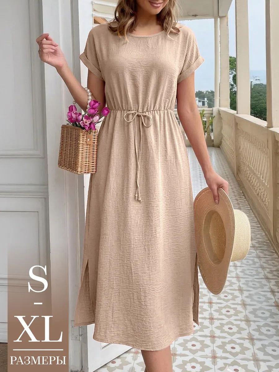 Women's Summer Casual Round Neck Loose Waist Trimming Short-sleeved Dress