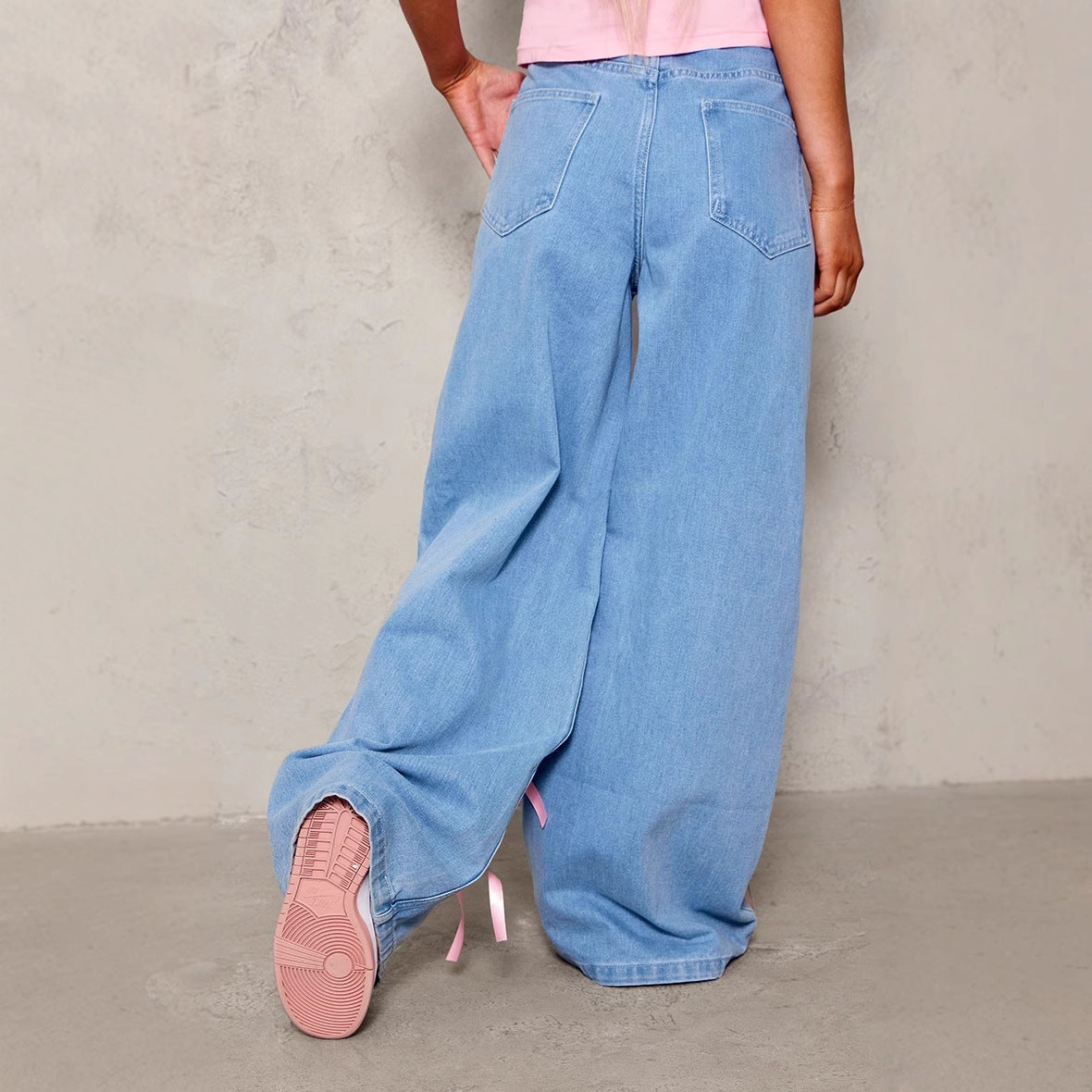 Women's Bow High Waist Wide Leg Street Distressed Loose Women's Jeans