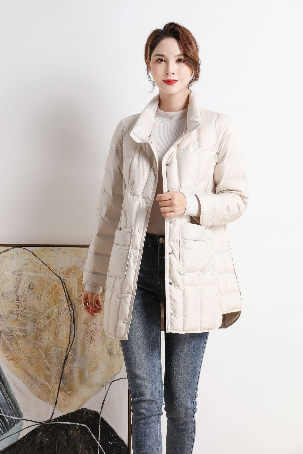 Women's Seamless Adhesive Veet Down Lightweight Mid-length Jackets