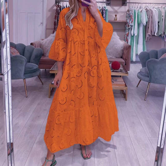 Women's Bell Sleeve Lace Solid Color Sexy Dresses