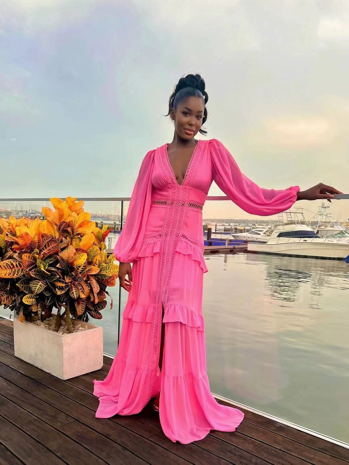 Women's Elegant Stitching Long Sleeve Dress Chiffon Dresses