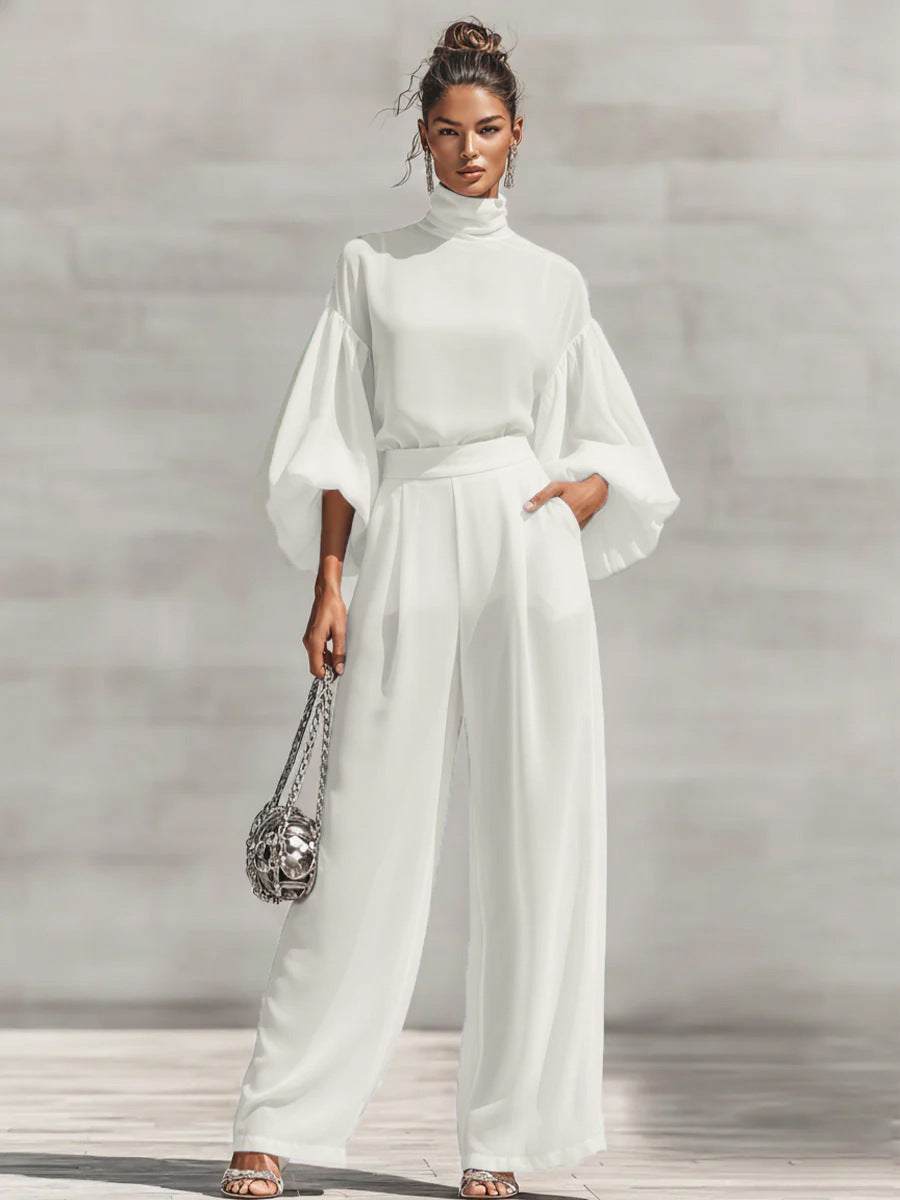 Color Stand Collar Bubble Long Sleeve High Waist Draping Wide Fashion Casual Suit