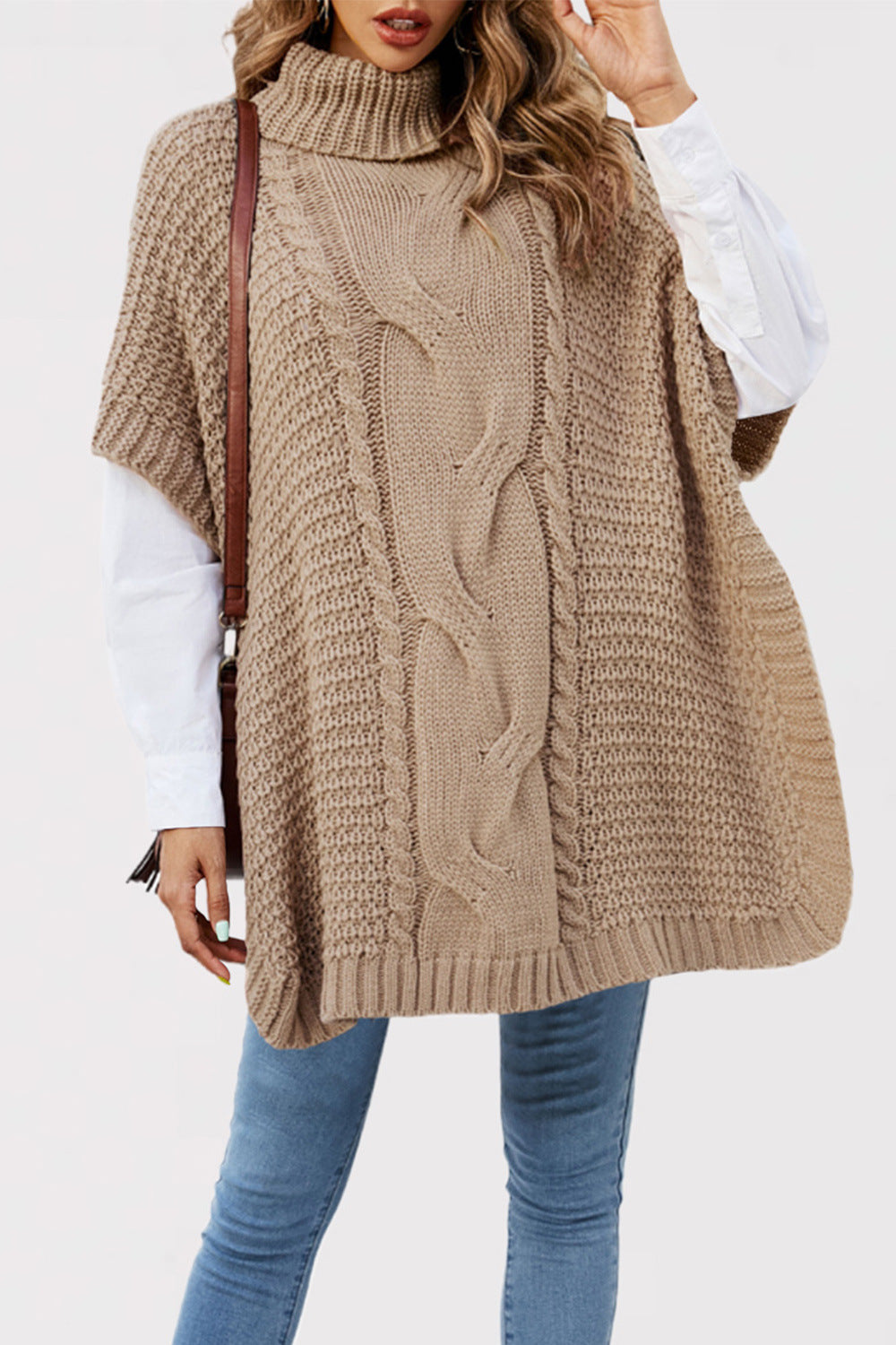 Women's Turtleneck Twist Shawl Loose Half Sleeve Sweaters