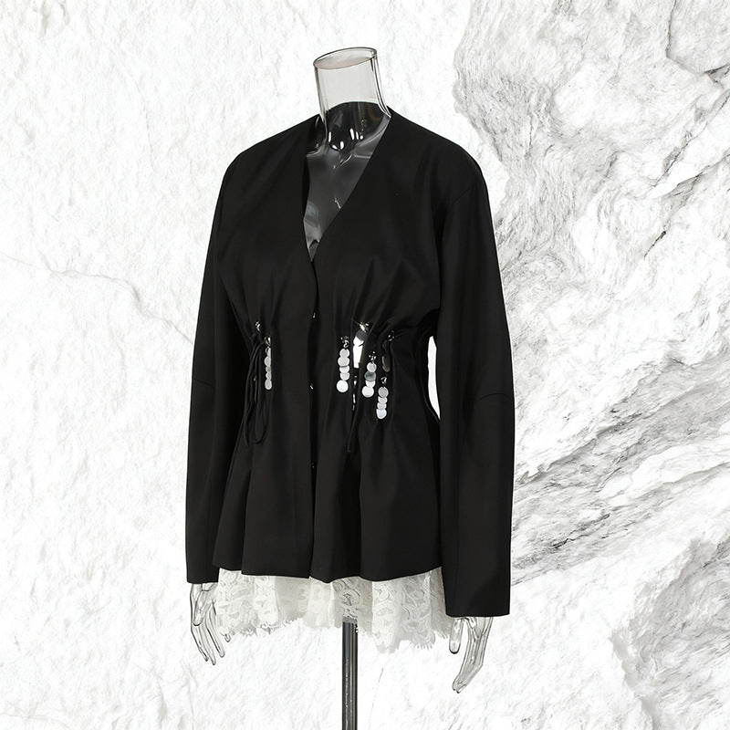 Pleated Long Sleeve Solid Color Hem Blazers