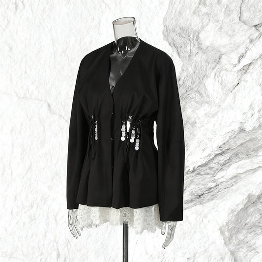 Pleated Long Sleeve Solid Color Hem Blazers