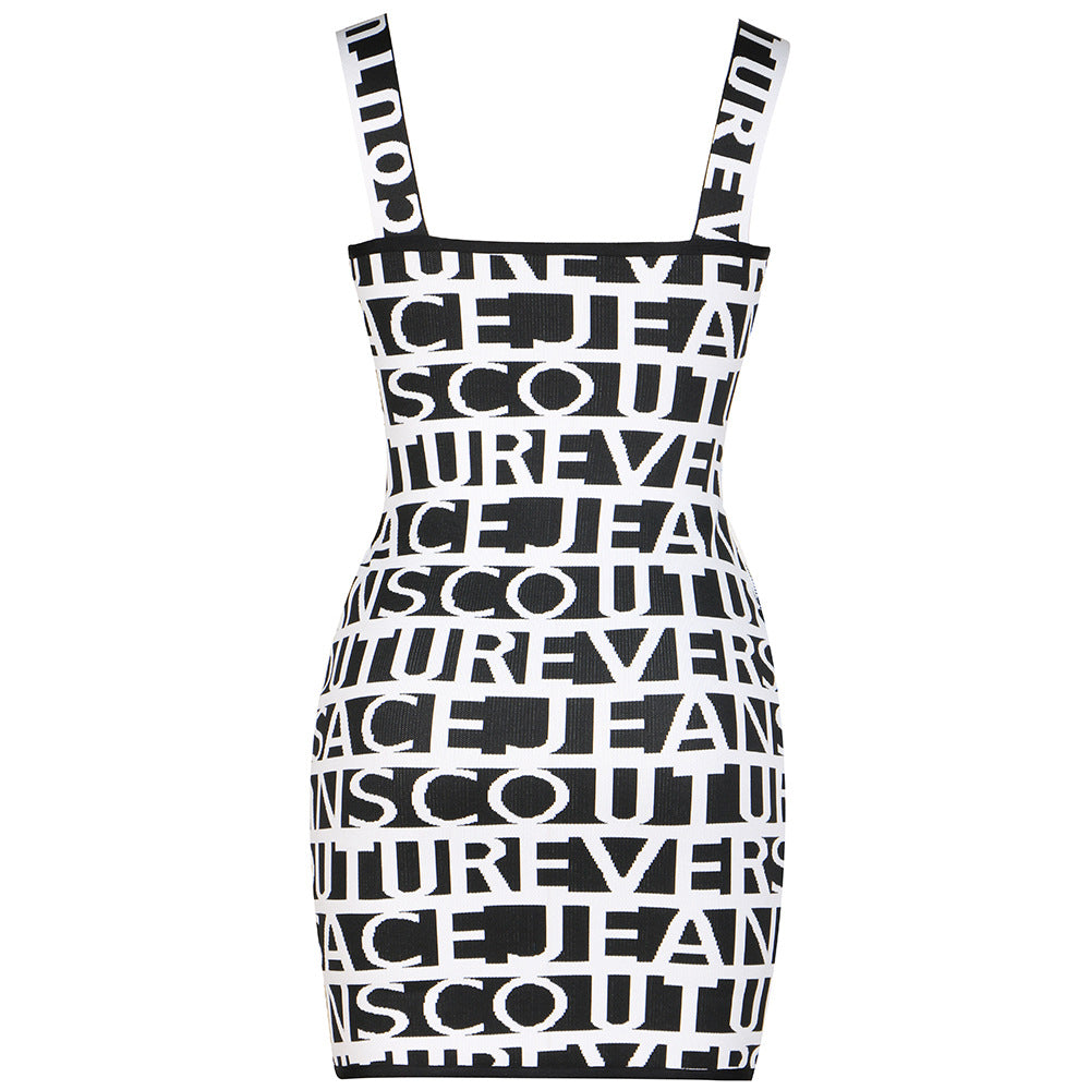 Letter Jacquard Front Metal Zipper Sling Dresses
