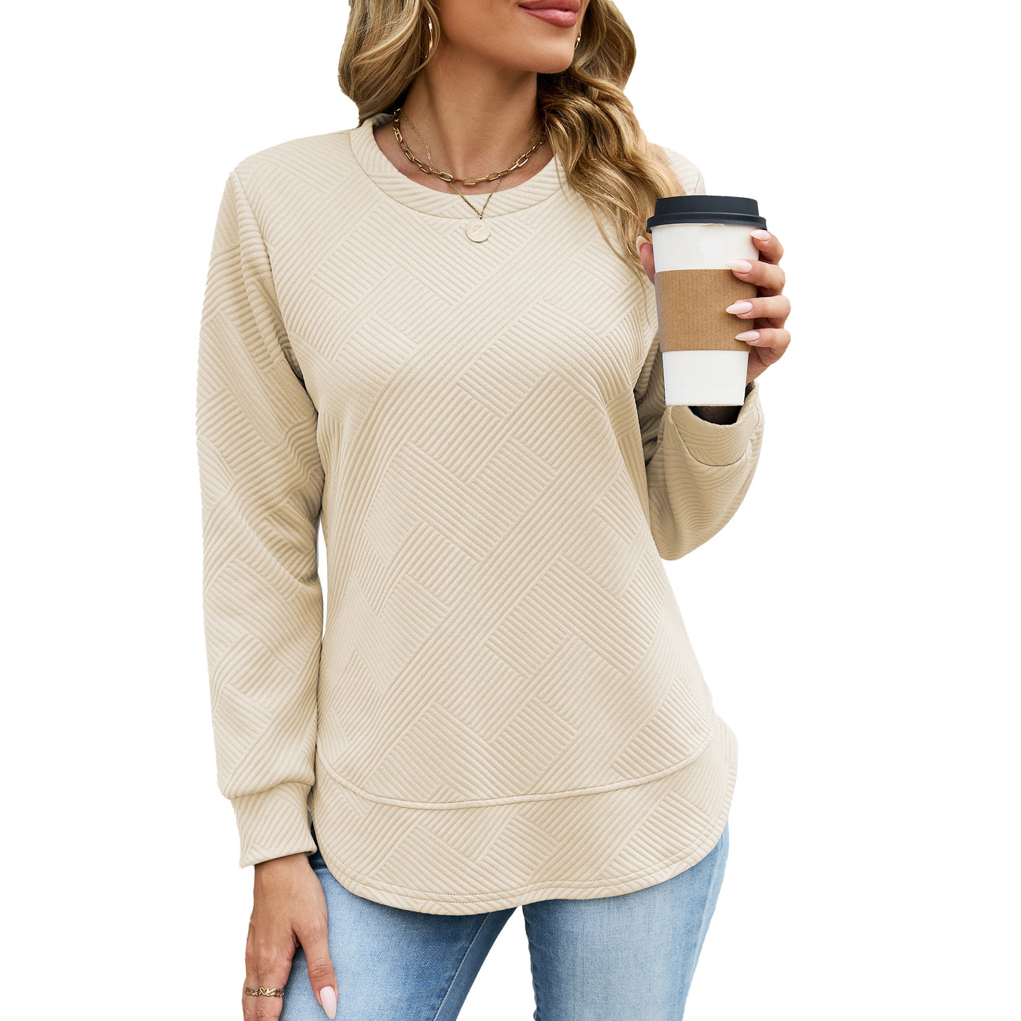 Women's Solid Color Round Neck Loose Long-sleeved Tops