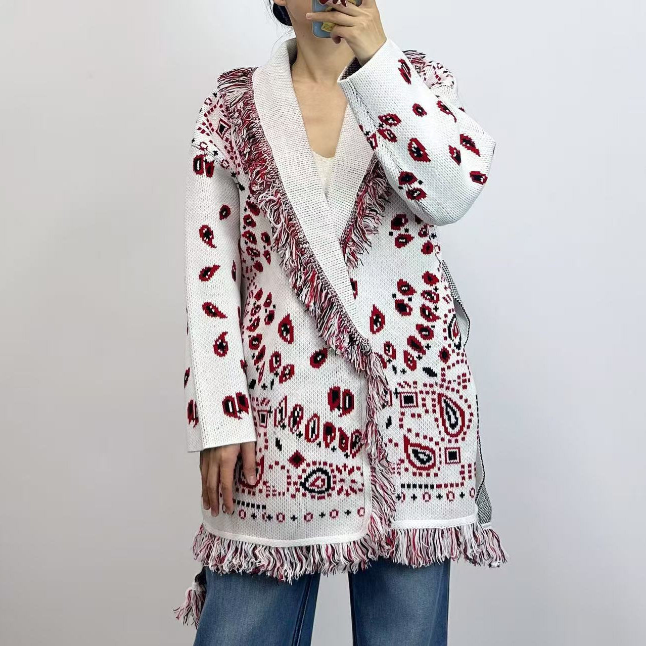 Bohemian Tassel Jacquard Mid-length Loose Lapels Sweaters