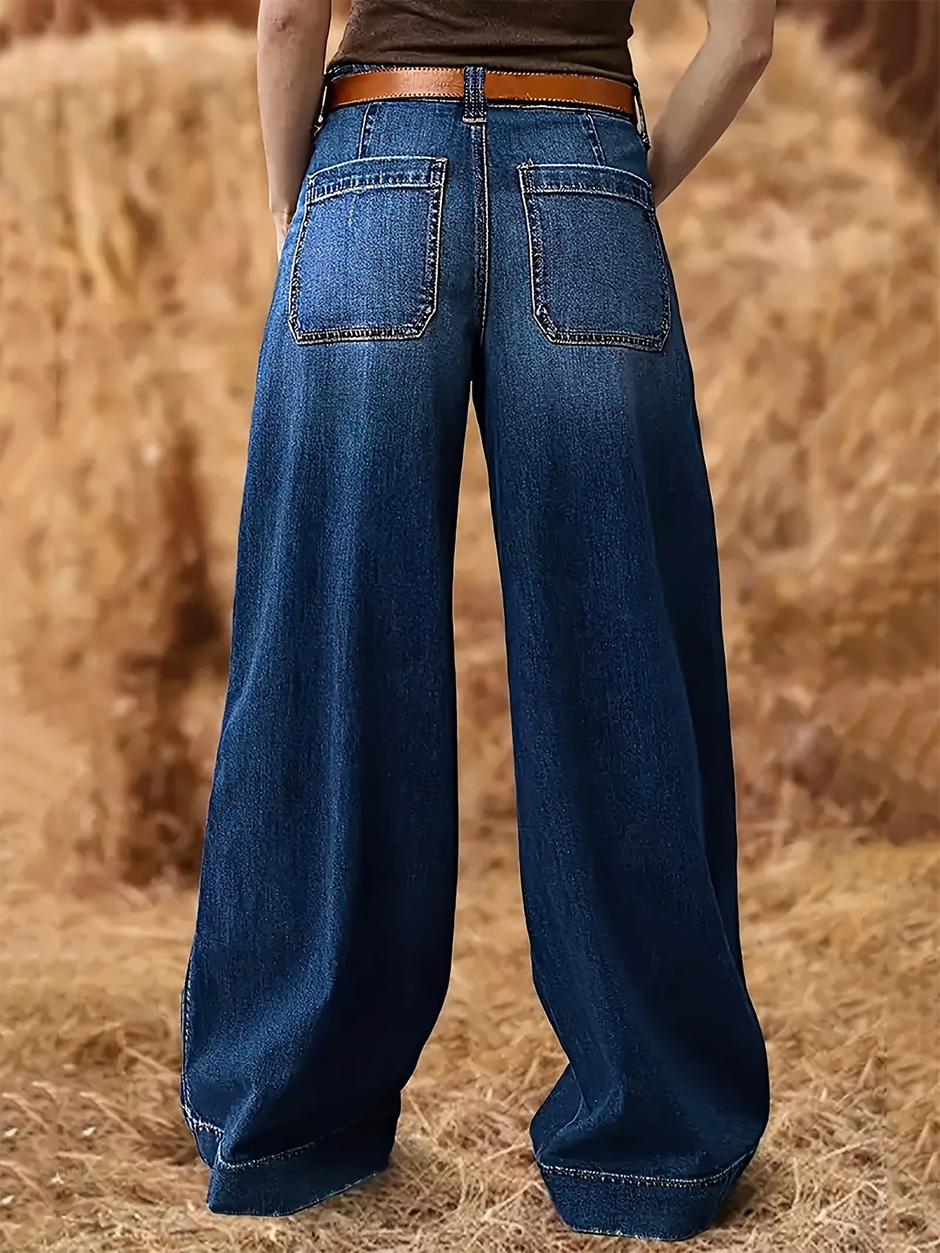 Women's Outer Pocket Straight Wide Leg Denim Jeans