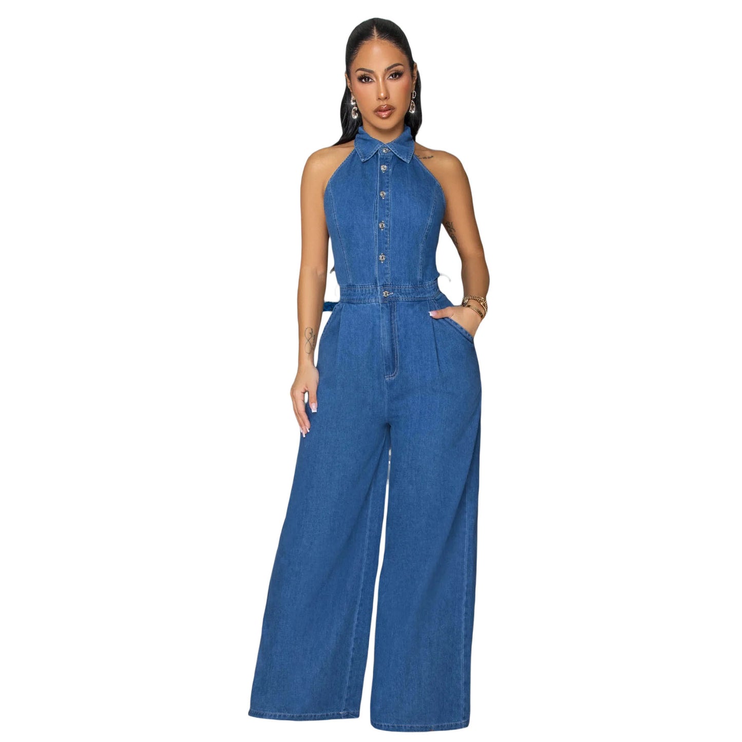 Women's High Elastic Sexy Backless Lapel Wide Jeans