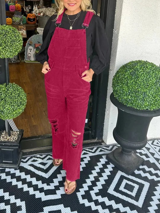 Women's Versatile Corduroy Button Pocket Ripped Suits