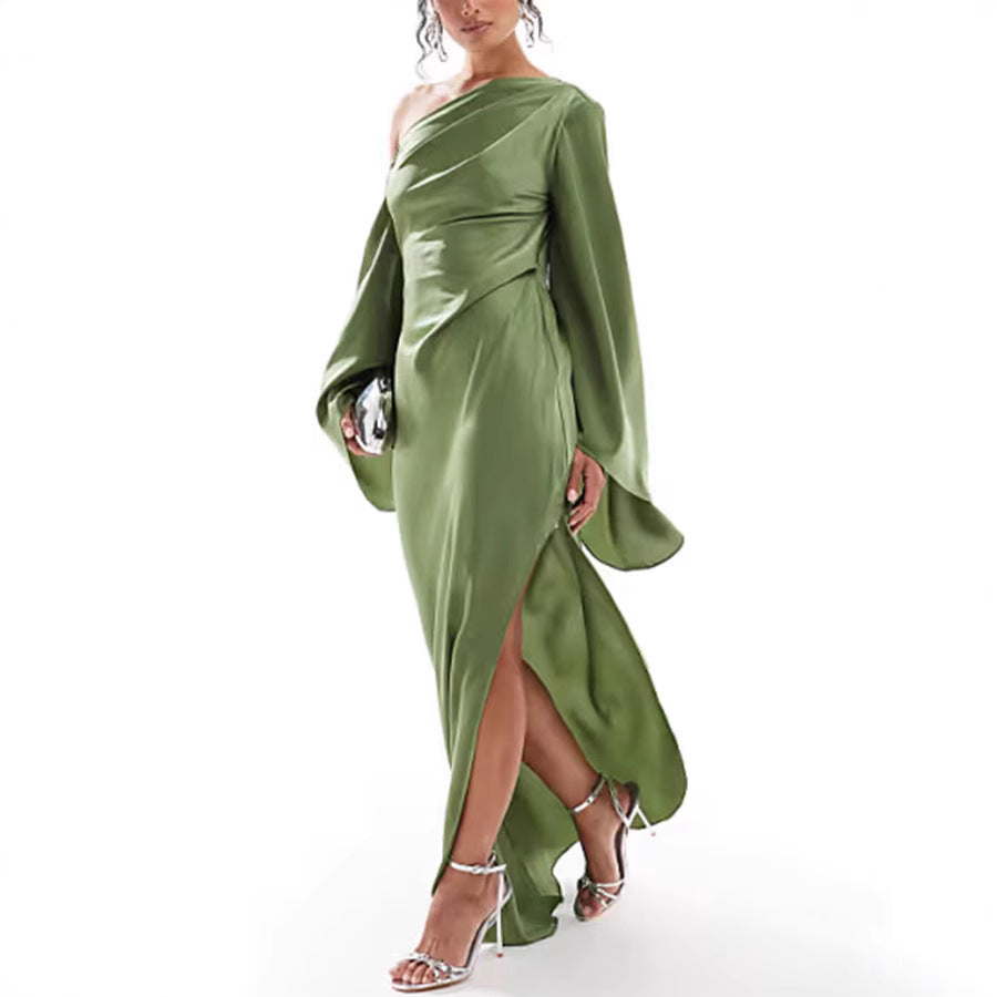 Women's Shoulder Dress Solid Color Slim Fit Slit Dresses
