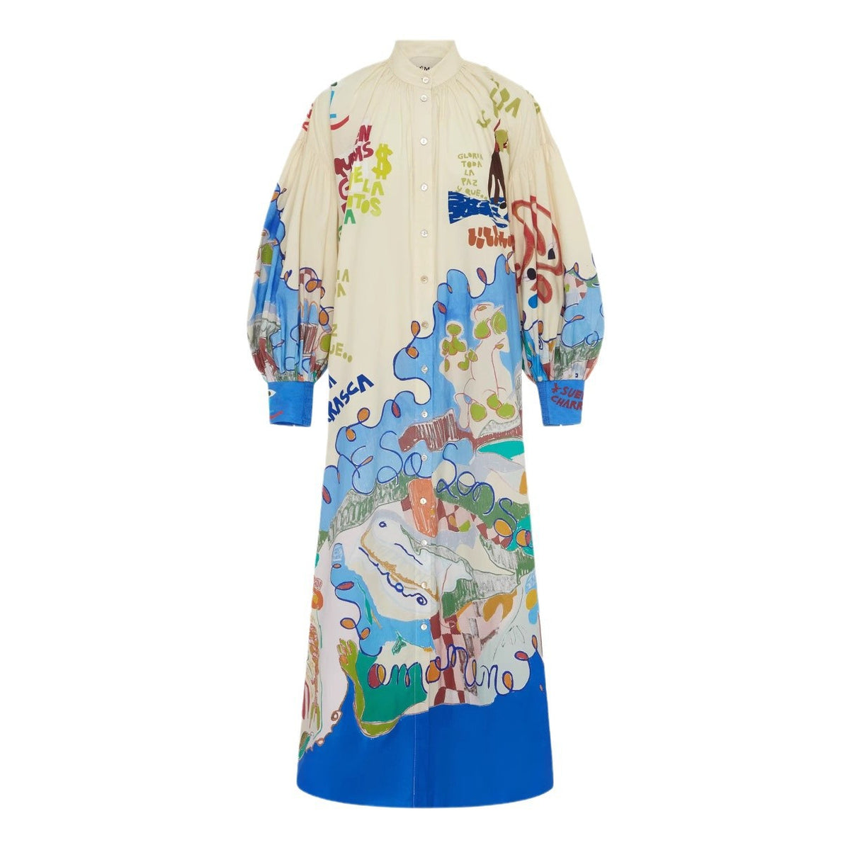 Single-breasted Long Lantern Sleeve Iti Printing Dress