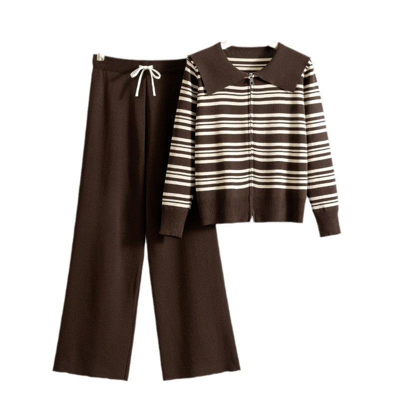 Women's Striped Korean Fashionable Casual Knitted Two-piece Suits