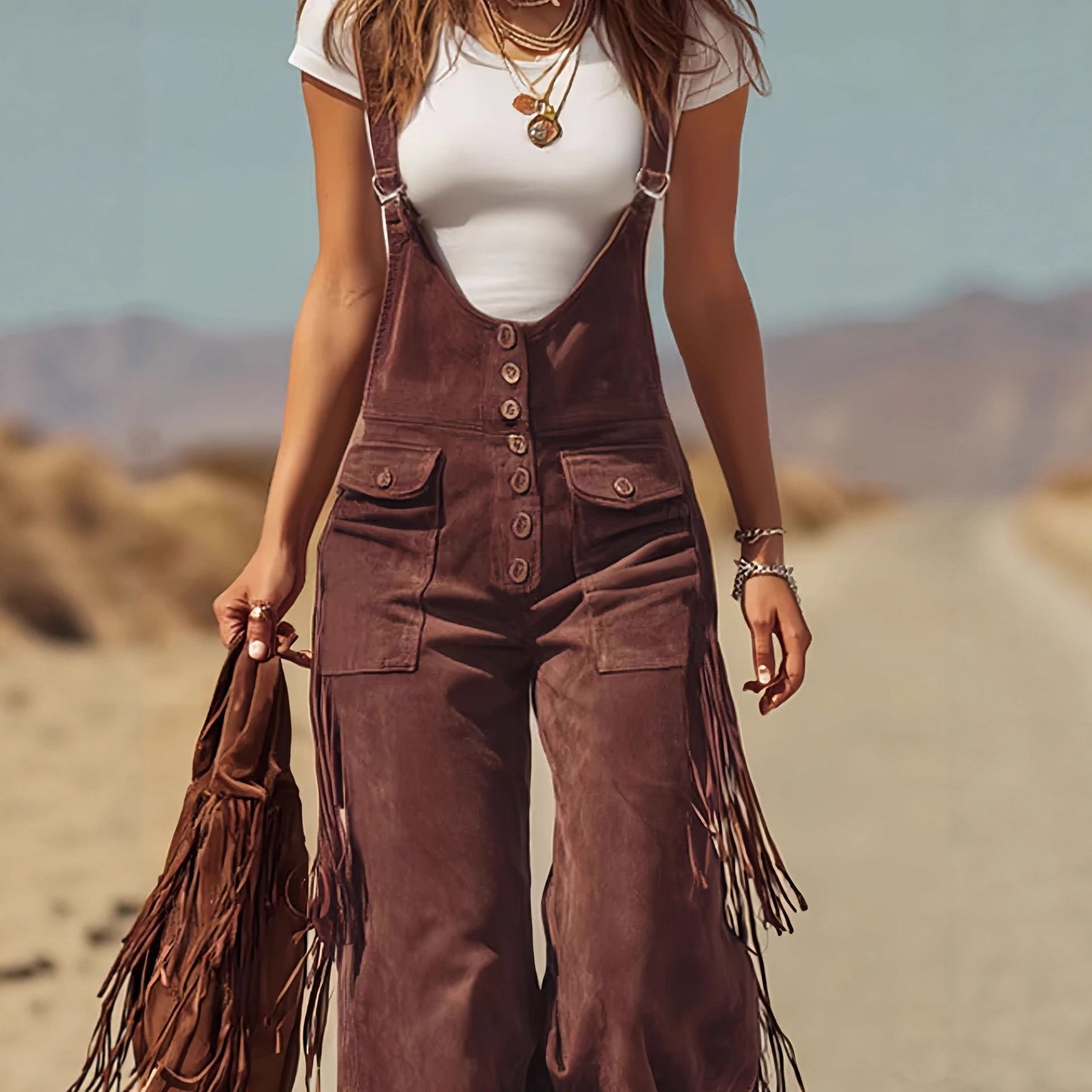 Women's Retro Western Suede Fringed Overalls Trousers Pants