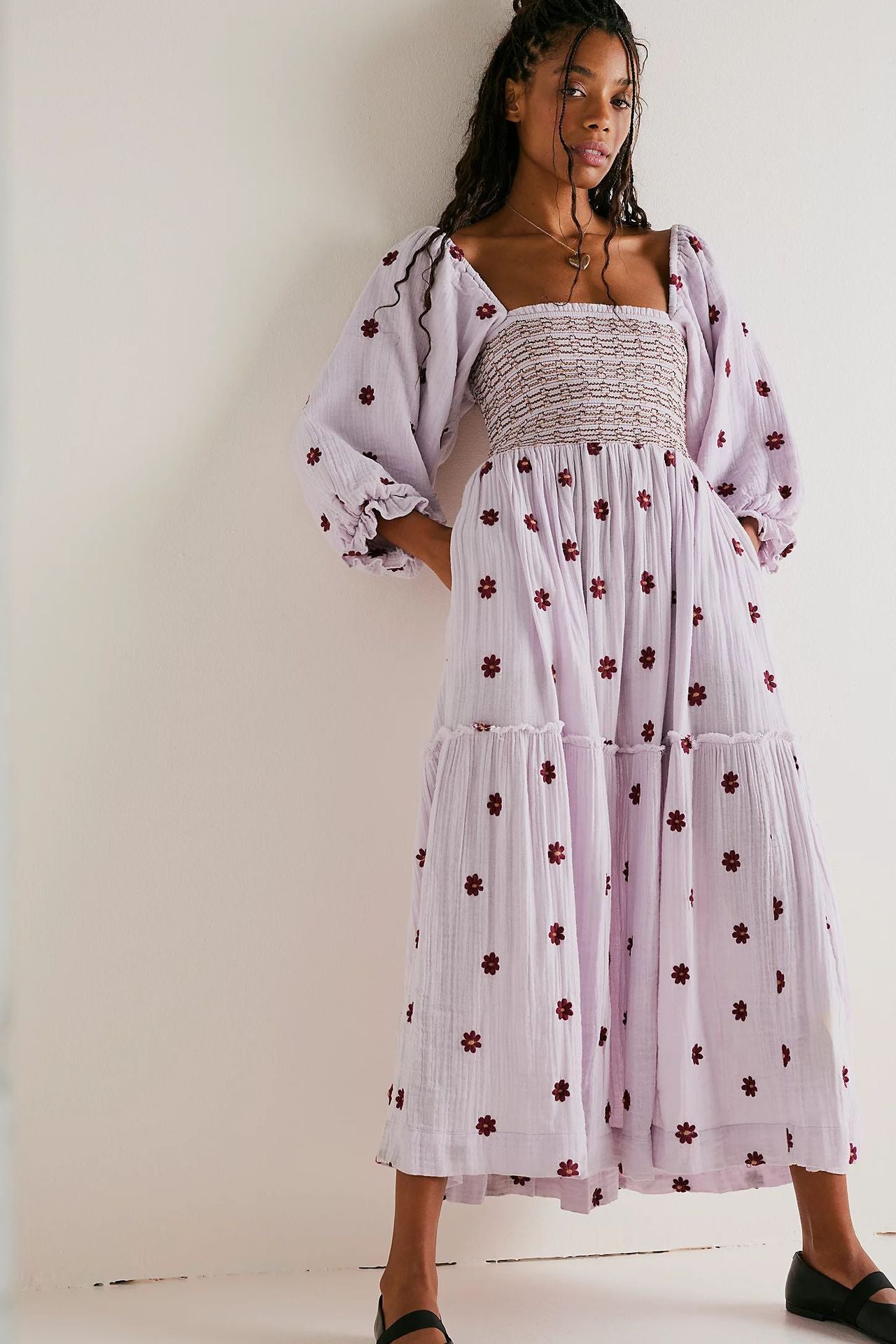Autumn Casual Bell Sleeve Smocking Embroidered Square Dresses