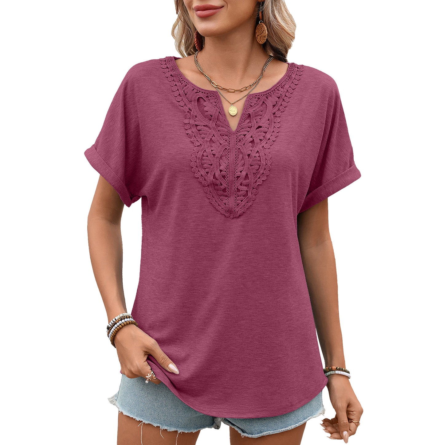 Women's Solid Color Lace Loose Sleeve Women's T-shirt