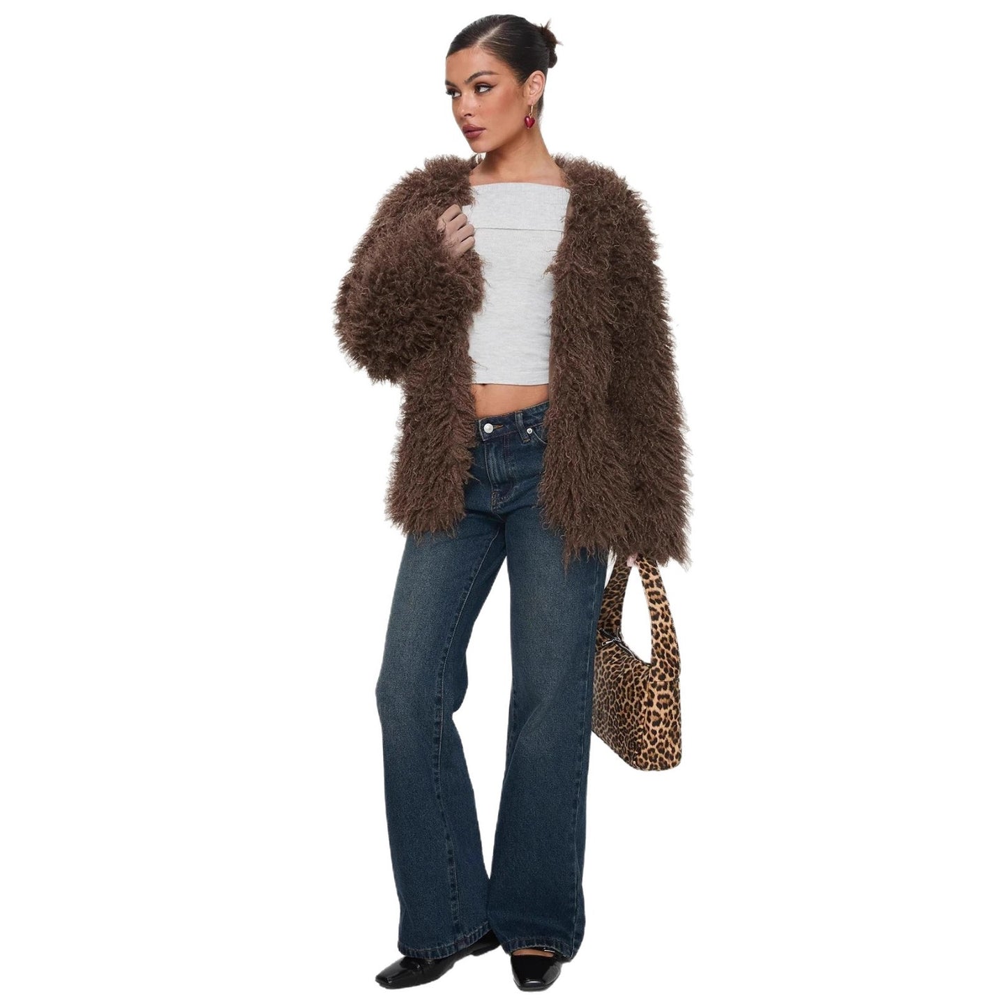 Casual Fashion Fur Faux Chocolate Color Coats