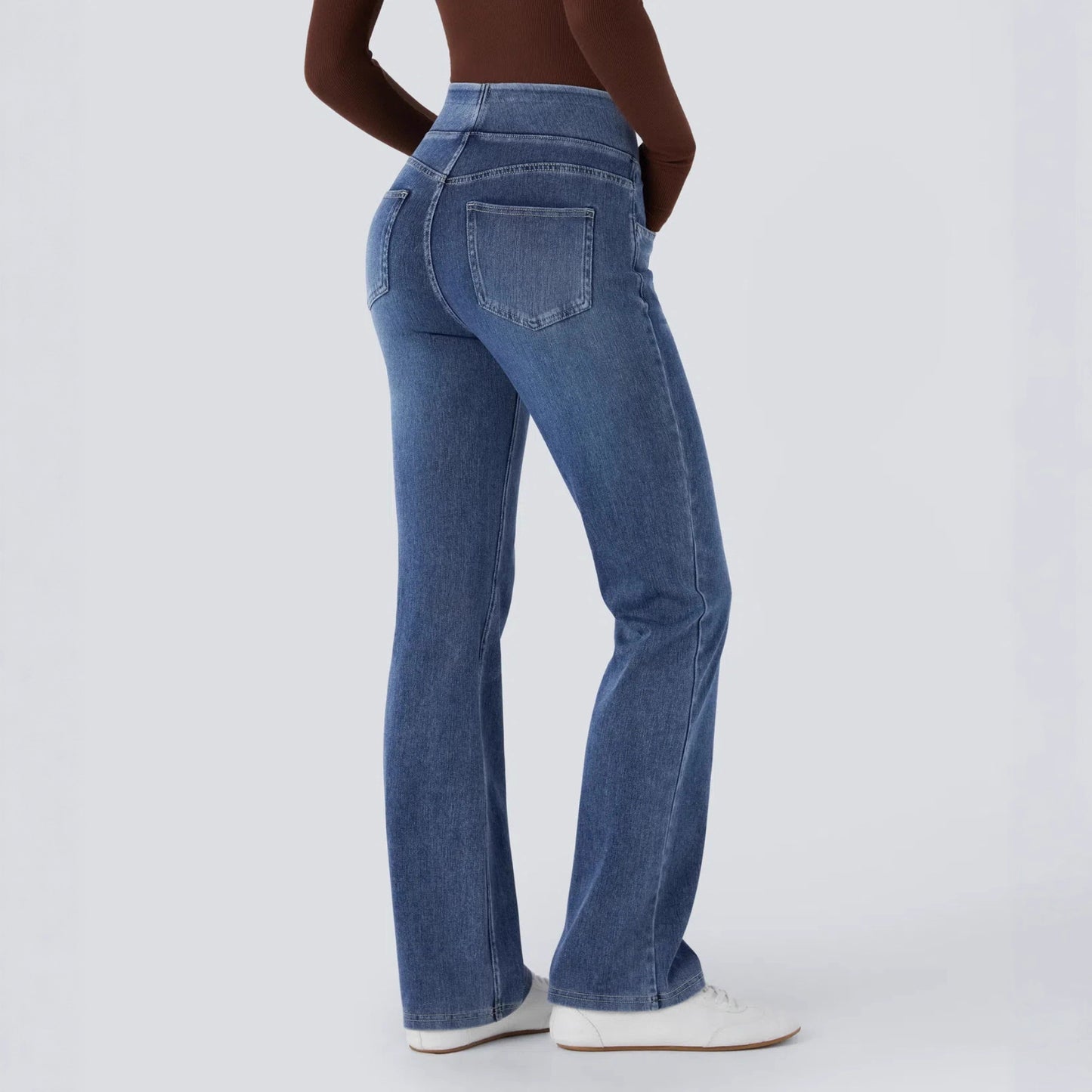 Women's Washed High Waist Straight Stretch Slim Fit Draped Jeans