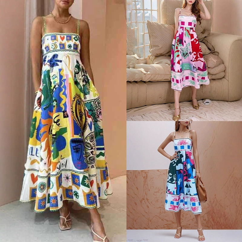 Women's Summer Beach Style Positioning Printing Large Swing Dress