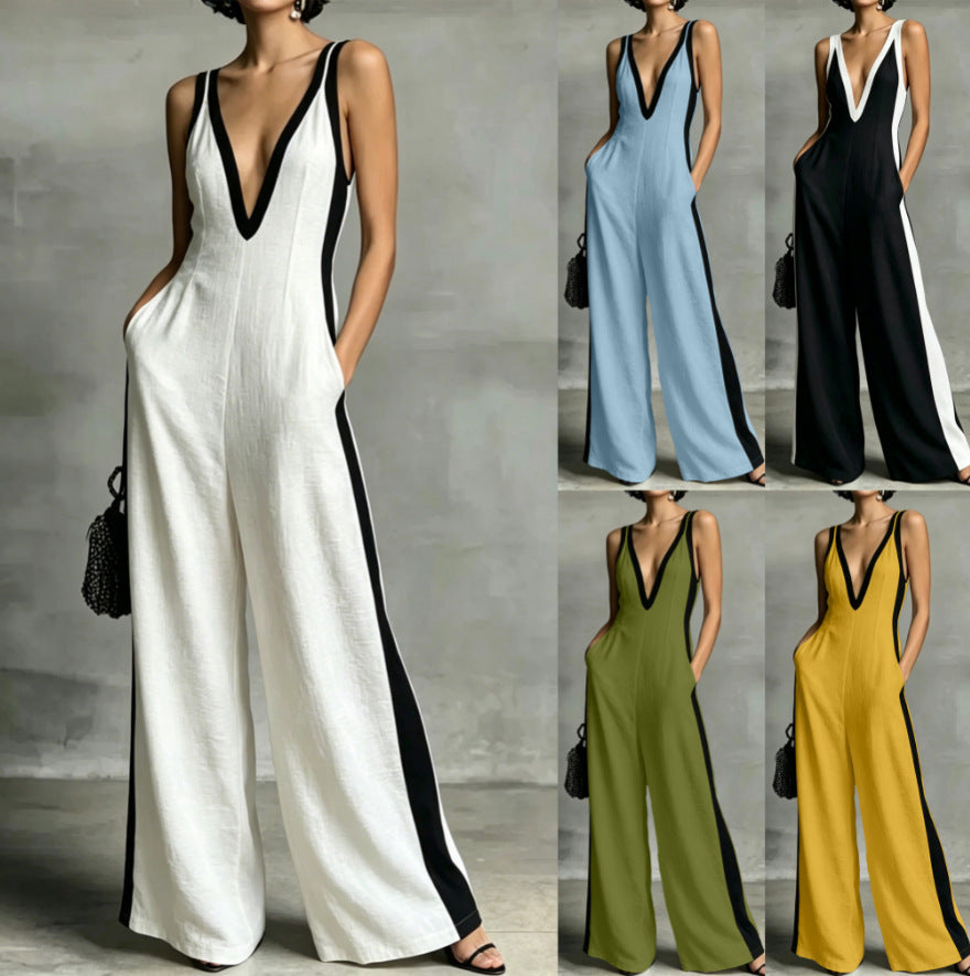 Women's Summer Fashion Wear Sleeveless Contrast Color Sling Wide Jumpsuits