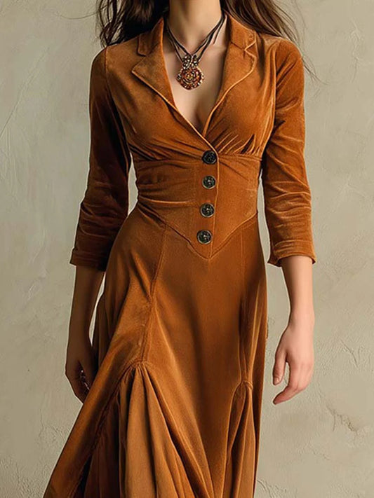 Women's Buttons Lapel Sleeve Maxi Dress Waist Dresses